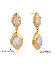 Pendientes colgantes vintage de oro fundido irregular con cristales ovalados transparentes, pendientes colgantes orgánicos de oro texturizado para mujeres - Dorado - Ver 3