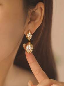Pendientes colgantes vintage de oro fundido irregular con cristales ovalados transparentes, pendientes colgantes orgánicos de oro texturizado para mujeres - Dorado - Ver 2