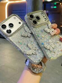 Pearl 3D Pearl Butterfly Apple 16 ProMax Phone Case, Elegant Lady Style 15 Pro High-End Rhinestone Mirror Frame 14 Plus Transparent Epoxy Women - White - View 5