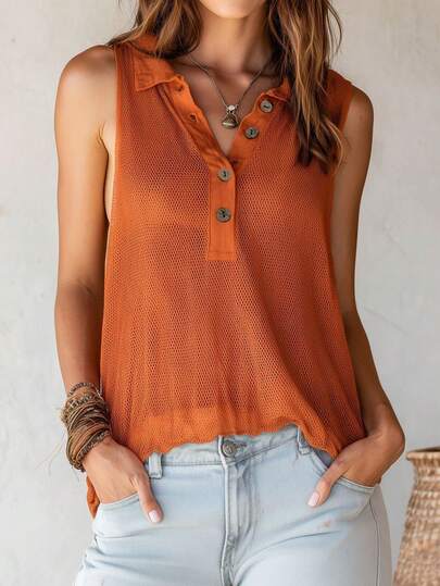 2026 Primavera/Verano Nueva Blusa de Punto para Mujer, Naranja, Ropa Casual de Vacaciones, Ropa de Vacaciones para Mujer Mejor Calificada, Blusa de Punto Naranja-Roja sin Mangas con Cuello de Polo y Diseño de Bajo Asimétrico, Malla Calada, Chaqueta de Verano, Adecuada para el Transporte Diario y las Compras, Estilo Casual Básico Simple, Multiescenario, Camiseta de Punto Naranja-Roja con Cuello de Polo, Malla Calada, Bajo Asimétrico, Blusa de Punto Casual