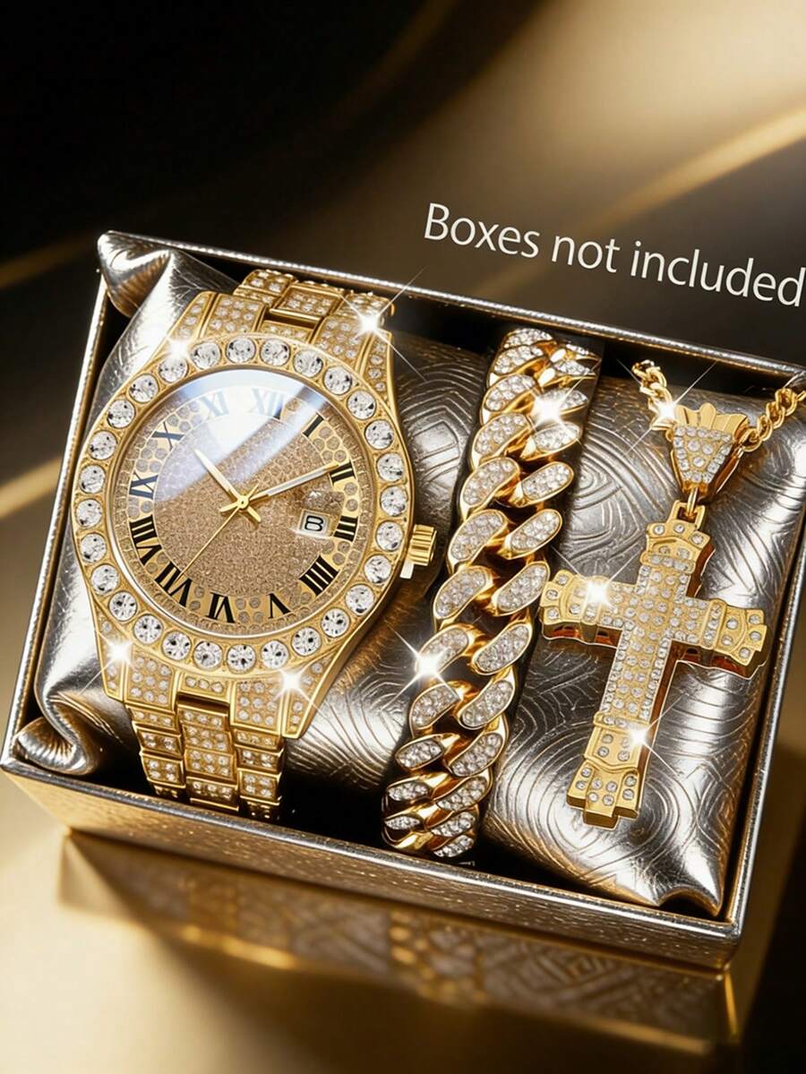Luxury Shiny Watch And Bracelet Cross Necklace Set, Gold-Tone Teenager Steel Band Analog Watch Set, Stainless Steel Strap, Calendar Function, Inlaid Design, Suitable For Daily, Party, Banquet Outfit, Non-Rechargeable Battery, Birthday Gift For Others, Elegant Mother's Day Gift, No Gift Box Included - Gold - View 1