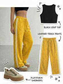 Women's Mid-Waist Drawstring Side Striped Loose Straight Pants, All-Over Striped Leopard Print, Suitable For Spring/Summer, Loose Casual Pants, Women's Summer Clothing - Yellow - View 3