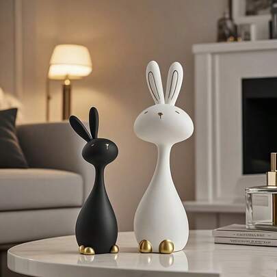 1 ชุด ของตกแต่งกระต่ายน่ารักสีดำและขาว | วัสดุเรซิน, เหมาะสำหรับบ้าน, สำนักงาน, โต๊ะกาแฟ, ตู้โชว์, ของขวัญที่สมบูรณ์แบบสำหรับวันเกิด, คริสต์มาส, อีสเตอร์
