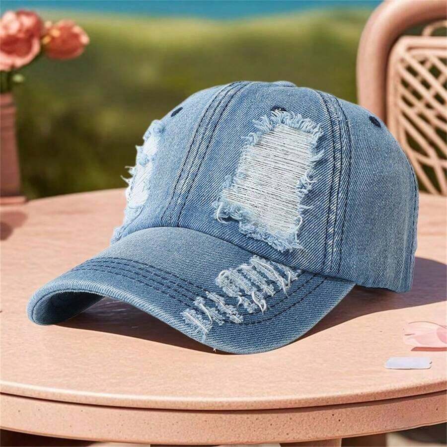 Women Men Baseball Cap, Vintage Denim Hat Ripped Adjustable Sun Visor Hat For Casual Daily - Blue - View 1