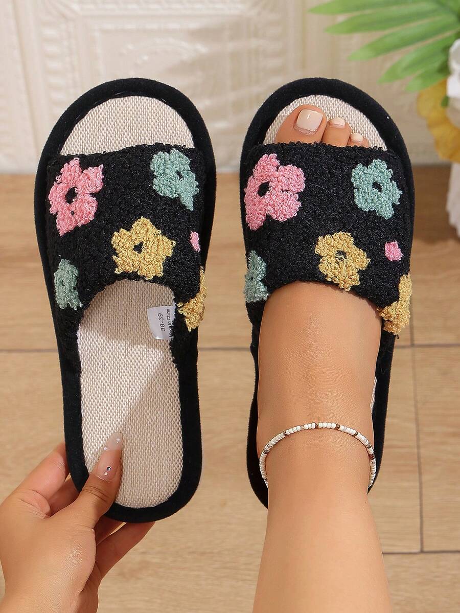可愛刺繡花卉毛絨女款拖鞋 春夏秋季適用 黃麻底 開趾 一腳蹬 透氣 室內居家拖鞋