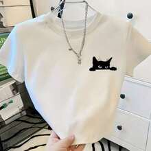 Cropped T-Shirt With Creative Black Cat Print - Casual Top Perfect For All Occasions And Seasons - trắng - Xem 1
