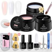 Beetles 3 Colors Hard Gel Nail Extension Kit, Clear Nude Jelly White Sculpted Builder Gel With Long Square Half Cover Nail Tips, UV LED Cured Salon Quality DIY Manicure Set For Women - 3-Color Kit Classic Neutral - 查看 1