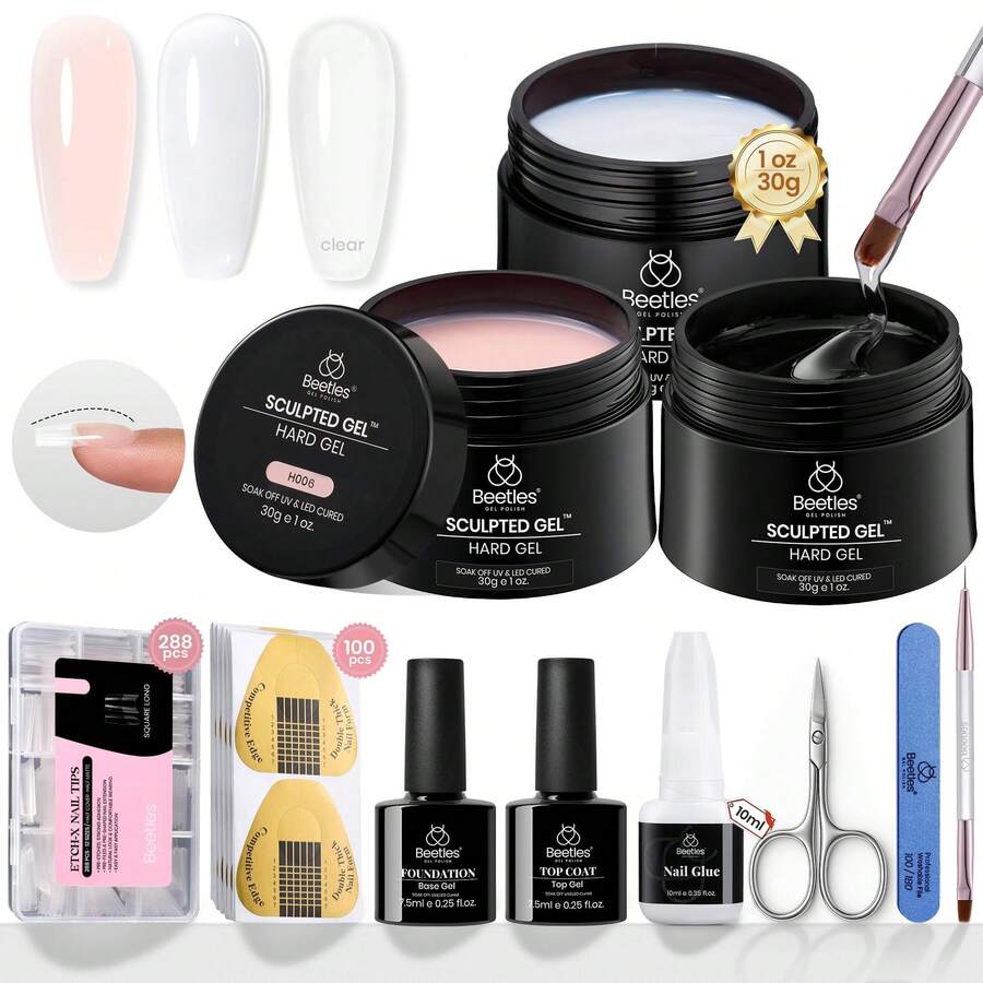 Beetles 3 Colors Hard Gel Nail Extension Kit, Clear Nude Jelly White Sculpted Builder Gel With Long Square Half Cover Nail Tips, UV LED Cured Salon Quality DIY Manicure Set For Women - 3-Color Kit Classic Neutral - 查看 1