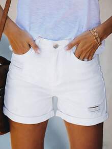 Women's Solid Color Casual Loose Cuffed Denim Shorts, Versatile Daily Wear White Summer - White - View 4