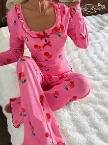 2件套女士休闲樱桃印花荷叶边长袖方领家居服套装，秋季 - 玫紅色 - 查看 3