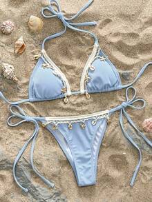 Swmmer Liket Women Solid Color Stitching Ribbon Shell Decoration Triangle Cup Lace-Up Bikini Set For Beach Vocation Summer - Baby Blue - View 10