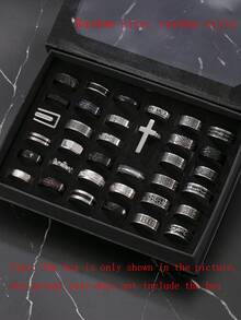 5/10/20/40/60pcs Set Stainless Steel Roman Numeral Embossed Matte Rings, Unisex Suitable For Daily Wear, Holiday Decoration, Random Styles & Sizes - Black - View 12