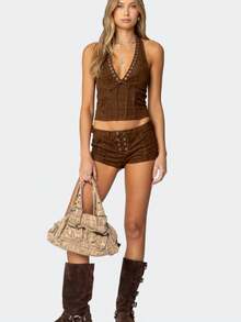 Women's Y2K Suede Low Rise Lace Up Front Side Shorts Slim Fit Casual Summer Daily Wear - nâu sẫm - Xem 3