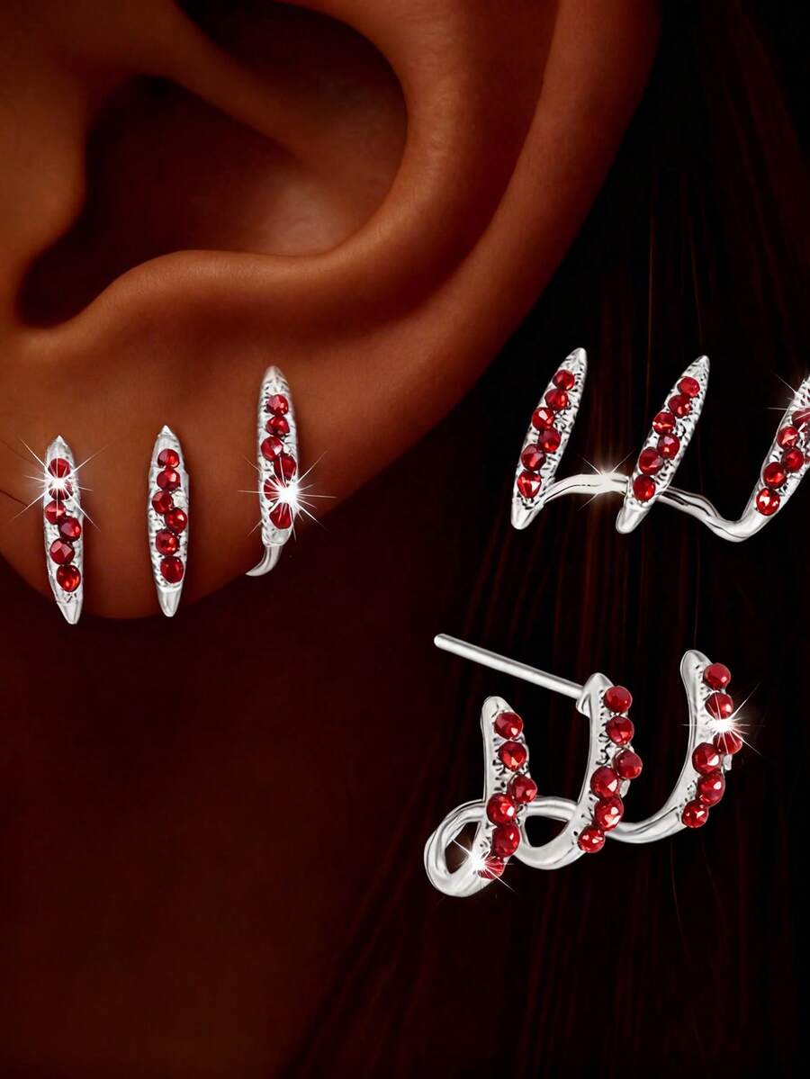 2pcs New Diamond Inlaid Minimalist Design Layered Curved Earrings For Women - Red - View 1