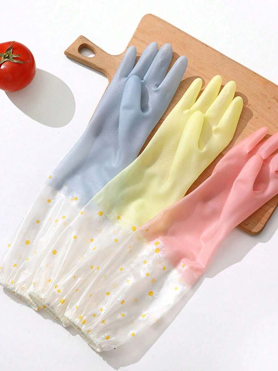 1 Pair Daisy Floral Pattern Jelly Color Household Gloves, Waterproof PVC Dishwashing And Laundry Gloves, Kitchen Cleaning Tool, Household Cleaning Supplies, Indoor Decor, Can Prevent Oil, Garbage, Detergent, Suitable For Kitchen, Travel, Restaurant, Mother's Day Family Gathering, Home Gifts - Multicolor - View 1