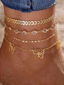 1 Set Fashion New Minimalist Metal Multi-Layer Crystal Chain Beach Style Butterfly Pendant Anklet For Girls - Anklets - View 7