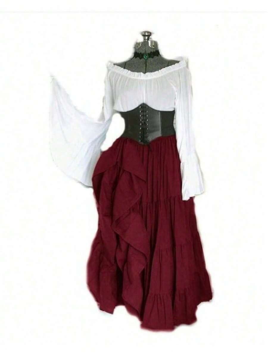 Women's Long Sleeve Dress Medieval Renaissance Costume Fancy Dress Costume For Women Cosplay Costume - 酒紅色 - 查看 1