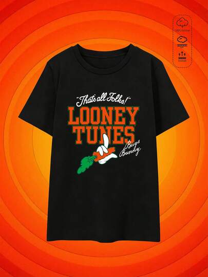 SHEIN X Looney Tunes Damen-T-Shirt mit Rundhalsausschnitt, kurzen Ärmeln und lockerer Passform, einfarbig, aus 100 % Baumwolle, mit klassischem Slogan und Karottenmotiv, bedrucktes schwarzes T-Shirt, lässige Damenmode für Frühling/Sommer, Streetwear, Urlaub, Sommer, Damen, Kurven, Kurvige Damenmode, Große Größen, Freunde, Kurven, Urlaub, Freizeit, Büro/Lounge/Zuhause/Outdoor-Sport/Retro/Schlicht, Lustiges Design, Alle Jahreszeiten, Film- und Anime-Motive, Teenager, Unisex, Paare, Retro-80er-Filme, Retro-90er/Y2K, Feiertage