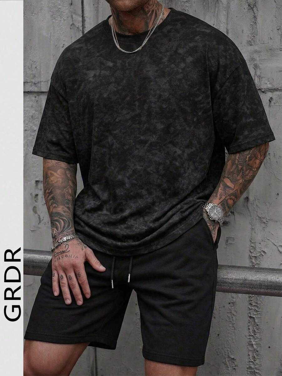 GRDR Men's Summer Solid Color Vintage Washed Short Sleeve T-Shirt And Drawstring Waist Shorts Casual Set - Black - View 1