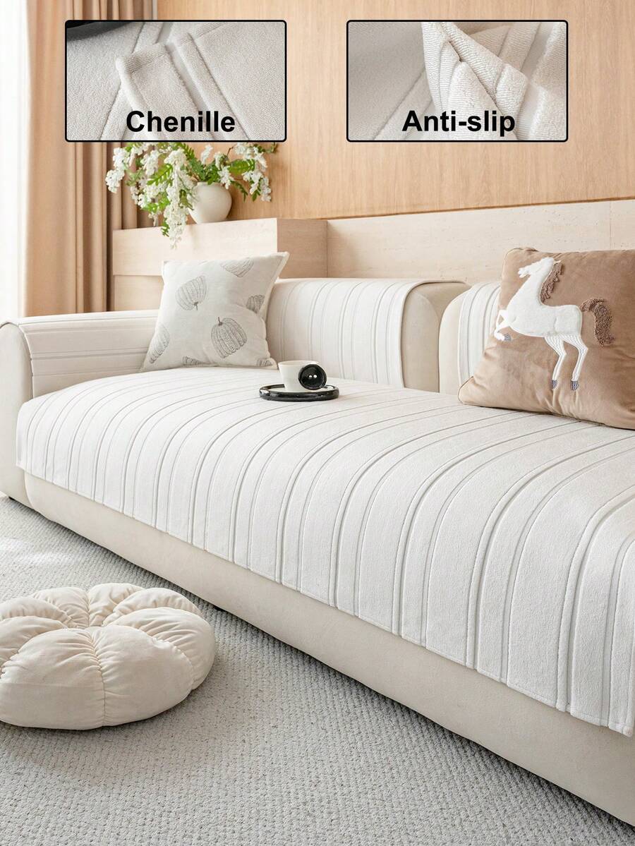 1 buah Sarung Sofa Tebal Warna Solid Motif Garis 3D, Bagian Belakang Anti Selip, Ramah Hewan Peliharaan, Tahan Lama, Tahan Noda, Lembut di Kulit, Dapat Dicuci dengan Mesin, Dekorasi Rumah Liburan, Cocok untuk Sandaran Tangan dan Sandaran Punggung Sofa 1/2/3/4 Dudukan - Krem - View 1