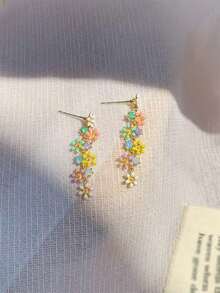 1 par de pendientes de mujer con flores y flecos, adecuados para uso diario - Multicolor - Ver 6