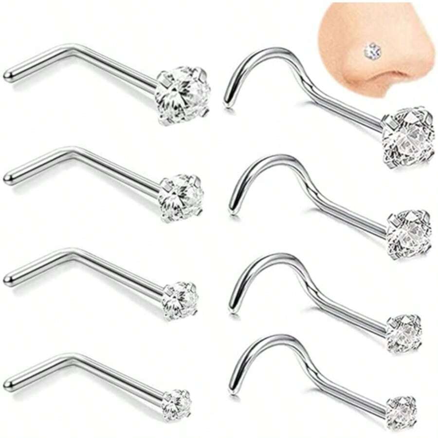 4 chiếc khuyên mũi mạ vàng 14k, nặng 20g, đá CZ tròn 1.5-3mm, kiểu dáng chữ L, có ren vặn. - 8 đồng bạc - Xem 1