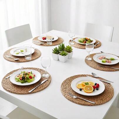 1/4/6pcs Round Woven Placemats, These Placemats Are Woven, Washable, And Non-Slip. They Have A Retro-Style Checkered Pattern. The Rattan Placemats Are Perfect For Home And Wedding Decorations.