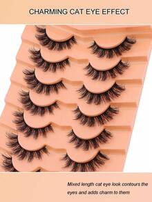 7 Pairs 5D Faux Mink Cat Eye Lashes Transparent Band Reusable Natural Volume Dramatic False Eyelashes Daily Party Strip Lashes - Black - View 3