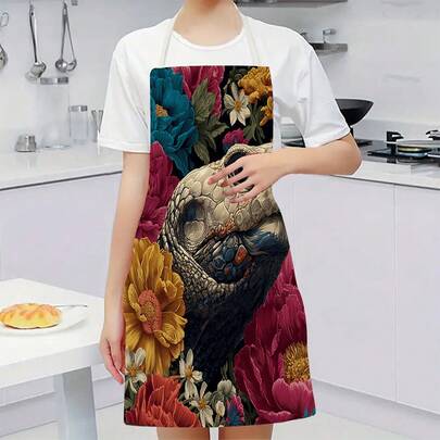 1 chiếc tạp dề nhà bếp họa tiết hoa nhiều màu sắc với hình đầu rùa, được làm từ 100% polyester, thích hợp cho nhà bếp, phòng khách, phòng ăn, khách sạn, tiệc nướng ngoài trời và các trường hợp khác, có thể giặt máy.