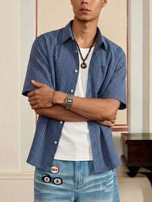 [HOT] Áo sơ mi ngắn tay kẻ caro thời trang dành cho nam và thiếu niên, mùa hè - Màu xanh lam - Xem 4