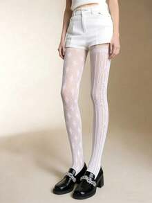 1 Pair White Vertical Striped Diamond Plaid Jacquard Sexy Geometric Mesh Stockings, Suitable For Wedding Season And Daily Wear - Multicolor - View 9