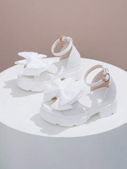 1 Pair White Girls' High Heel Sandals, Solid Soft Fabric Bow Decor, Round Toe Open Toe, Thick Chunky Heel Platform, Ankle Strap Design, Fashionable Cute Princess Style, Suitable For Daily, Casual, Holiday, Campus, Spring/Summer 2026