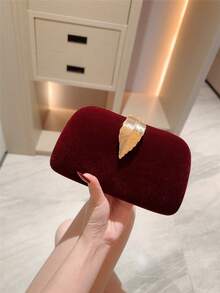 1个复古酒红色金属叶形装饰手拿包，奢华闪亮金色迷你手提包，时尚迷人，精致优雅，女士晚宴包，适合婚礼/主题正式派对/舞会/鸡尾酒会/生日聚会，配有链条 - 酒紅色 - 查看 3