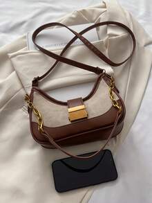 女士链条肩带单肩包，时尚百搭斜挎包，通勤休闲街头风单肩包，麂皮PU拼接新月包 - 彩色 - 查看 6