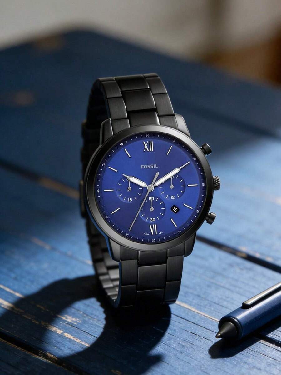 Fossil Đồng hồ nam Quartz mặt đen 44mm, dây thép không gỉ, chống nước 50M, kiểu dáng tối giản (FS5698) - Màu xanh lam - Xem 1