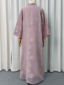 Đầm nữ cổ chữ V thêu sequin phối màu tương phản, tay dài dáng chữ A thanh lịch, phù hợp cho tiệc tùng, đám cưới, và mặc được quanh năm, màu hồng xuân. - Hồng - Xem 6