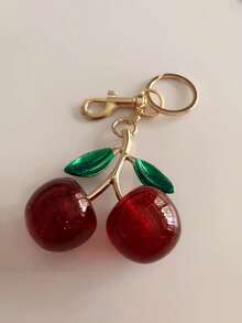 1 pieza Llavero con colgante en forma de cereza - Accesorio de coche con forma de cereza, regalo de Navidad/Día de San Valentín para mujeres (Tamaño: 4.3in/10.92cm X 2.6in/6.6cm, Tamaño de la cereza: 1.18in/3cm) - Hojas verdes y cerezas rojas - Ver 3