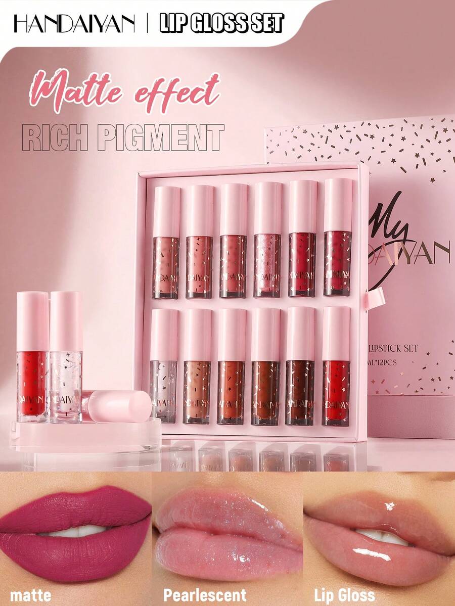 HANDAIYAN 12pcs Lip Makeup Set Containing Liquid Lip Gloss, Lipstick And Lip Balm, Non-Sticky, Long-Lasting Color, Waterproof And Smudge-Proof, Shimmery Lip Gloss, Mother's Day & Valentine's Day Gift Box, Net Content: 2ml X 12pcs, Makeup Products, Face Painting, Cosmetics, Suitable For Women, Applicable For Winter/Spring, Suitable For Birthday, Valentine's Day, Mother's Day Gifts, Carnival Party, Best Color Choice For Y2K Fancy Fashion - Nhiều màu - Xem 1