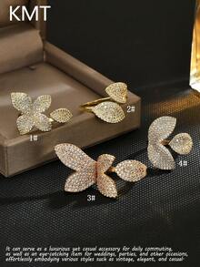 KMT 1pc Copper Inlaid Cubic Zirconia Flower & Leaf Elegant Chic Open Ring, Suitable For Party, Daily Wear, Gift - Gold - View 1