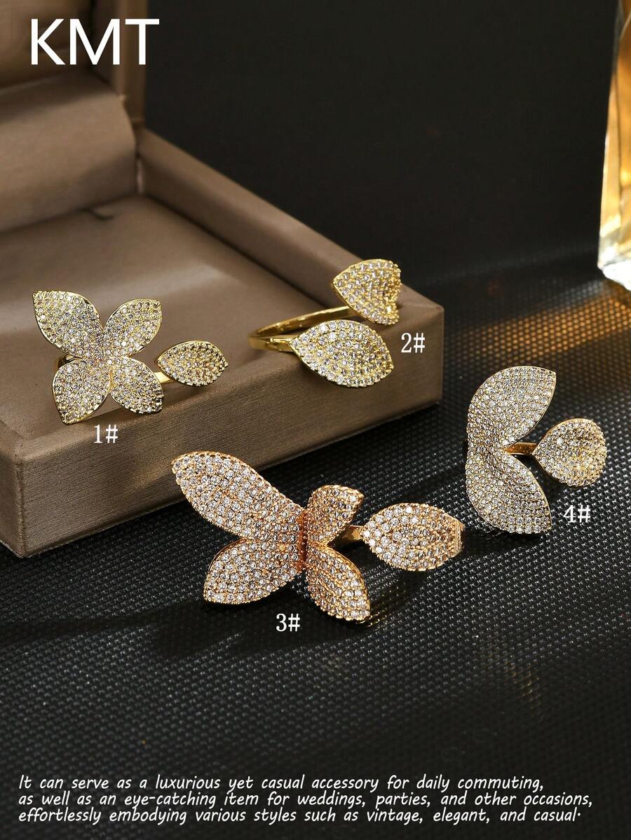 KMT 1pc Copper Inlaid Cubic Zirconia Flower & Leaf Elegant Chic Open Ring, Suitable For Party, Daily Wear, Gift - Gold - View 1