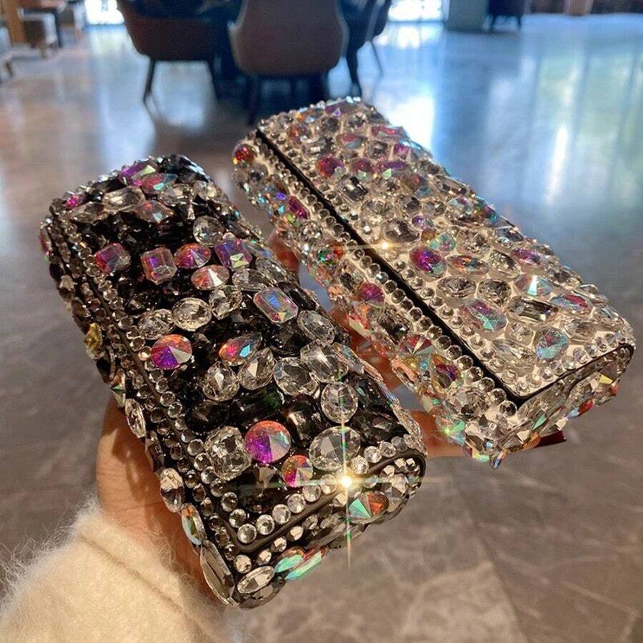 1pc Luxury Rhinestone Decorated Eyeglass Storage Box, Portable Pressure-Resistant Flip Cover Eyeglass Case, PU Leather Texture, Suitable For Students' Myopia Glasses, Reading Glasses, Fashion Glasses, Party Glasses Storage