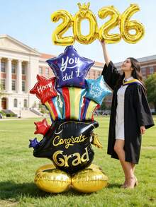 2pcs Graduation Aluminum Foil Balloon Set, Includes Standing Graduation Cap + Base, 2026 Gold Connected Number Aluminum Foil Balloons, Suitable For 2026 Graduation Commemoration Theme, Graduation Party, School Graduation Ceremony, Classroom Stage Atmosphere Decoration Balloons - Multicolor - View 3