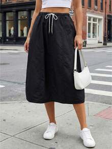 Y2K Cargo Maxi Skirt Women Drawstring Elastic Waist Solid Color Soft Breathable Long Midi Jogger Skirt Casual Going Out Party Date Vacation Beach Summer Faldas De Mujer Ropa Elegante - màu đen - Xem 1