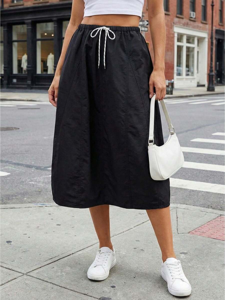 Y2K Cargo Maxi Skirt Women Drawstring Elastic Waist Solid Color Soft Breathable Long Midi Jogger Skirt Casual Going Out Party Date Vacation Beach Summer Faldas De Mujer Ropa Elegante - màu đen - Xem 1