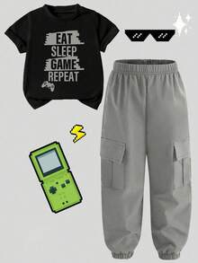 Baby Boy Letter Print Short Sleeve T-Shirt And Pants Set - Black - View 3
