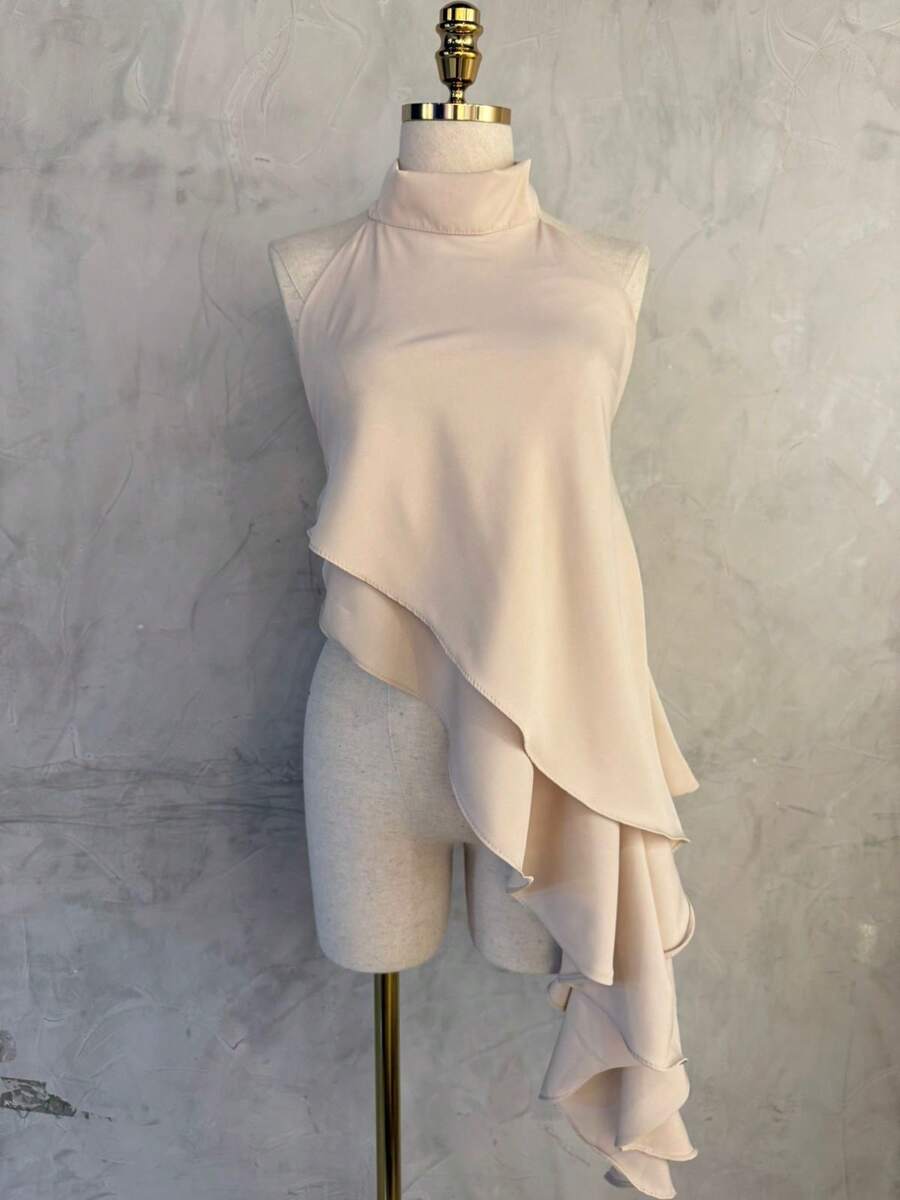 Women's Blouse With Elegant High Neck, Asymmetrical Band, Double Ruffle, And Draped Fit. - Beige - View 1