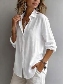 Women's Elegant Resort Style V-Neck Top, Loose And Relaxed Linen Blend Shirt, Suitable For Commuting, Casual, And Artistic Styles, Slimming And Flattering, Everyday Chic, Loose-Fitting, Draping, Breathable, Comfortable, And Relaxed Style. - 白色 - 查看 2