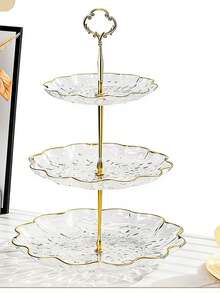 1pc 2/3 Tier Luxury Wavy Pattern Cupcake Stand, Gold Trim, New Petal Shaped Cupcake Tower With Metal Rod And Plastic Tiered Trays - Multicolor - View 3