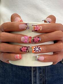 10片装Y2K风鸭嘴美甲贴片套装 - 手工制作，包含粉色、红色、红橙法式美甲贴片、手工3D花朵和3D橙色图案、手绘红色斑马纹和白色波点设计、闪亮金色小钢珠和水钻装饰，精致优雅的美甲 - 完美适用于派对和休闲装扮 - 彩色 - 查看 3