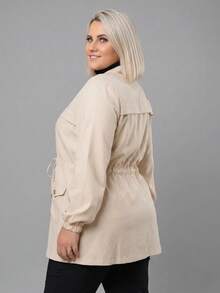 Plus Size Winter Overcoat In Bengaline Fabric With Drawstring, Zipper, And Button Closure. This Winter Parka Coat/Blouse Is Perfect For Sizes G1, G2, And G3. - Beige - View 2